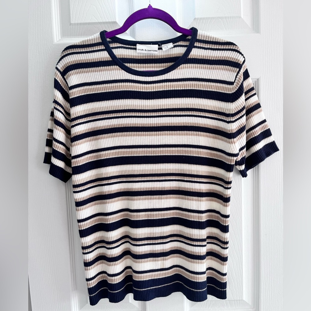 Croft & Borrow Striped Short Sleeve Crewneck Ribbed Sweater Vintage 90’s Size L